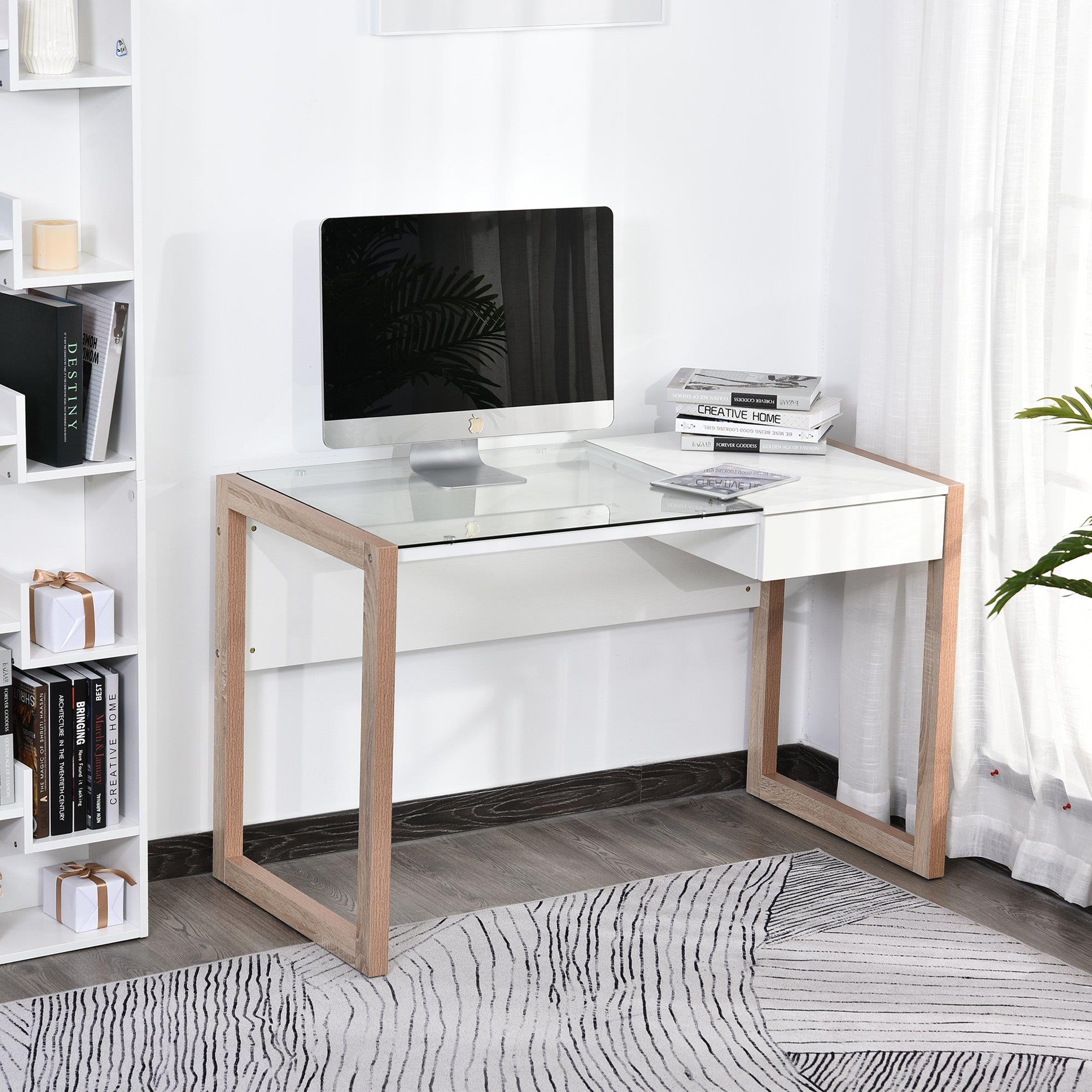 Mesa Computador MICHIGAN, 120x60x75cm, Design Exclusivo, Madeira e Vidro, Branco