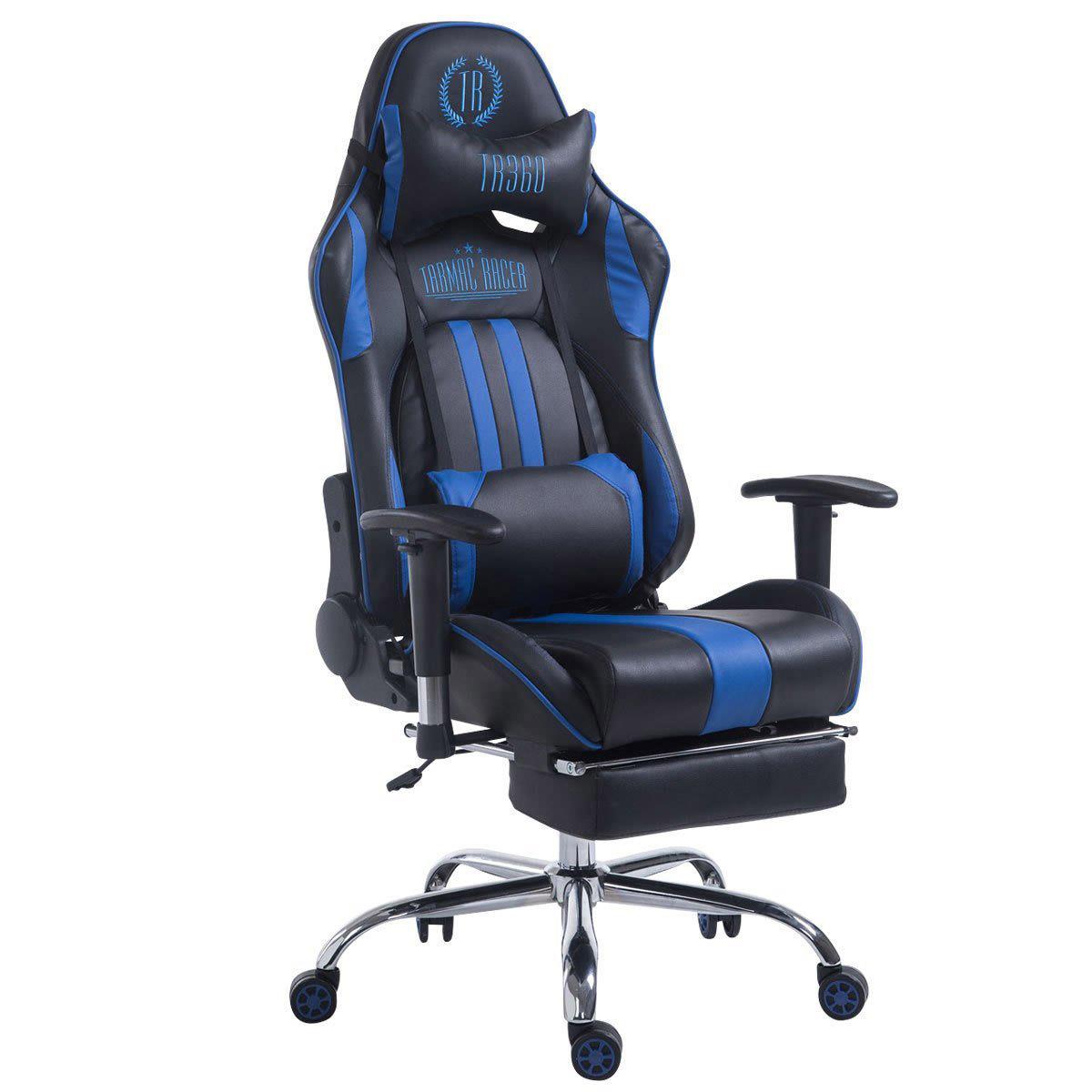 Cadeira Gaming LOGAN com Apoio para os pés, Encosto Reclinável, Almofadas Incluidas, Base Metálica, Em Preto/Azul