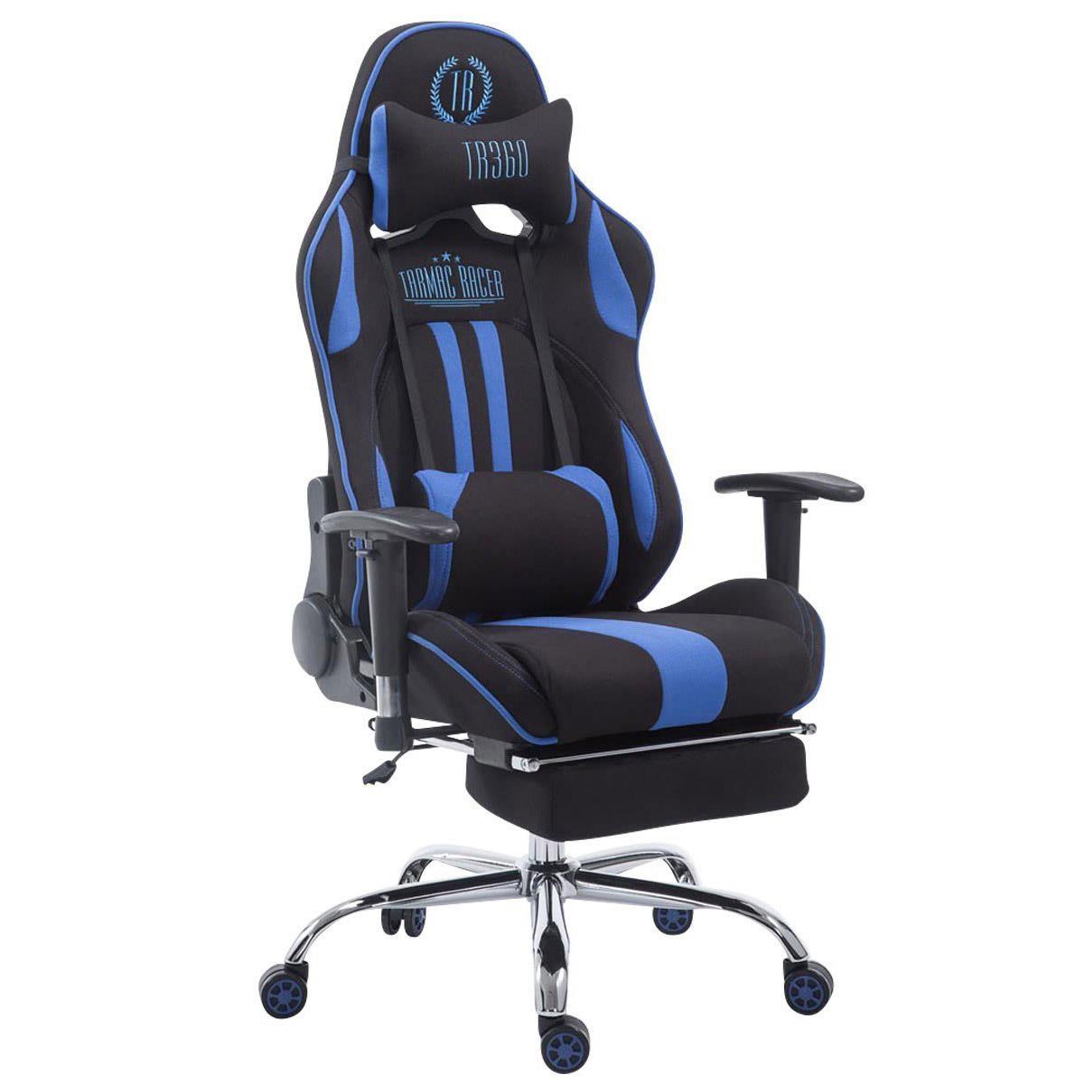 Cadeira Gaming LOGAN TECIDO com Apoio para os pés, Encosto Reclinável, Almofadas Incluidas, Base Metálical, Em Preto/Azul
