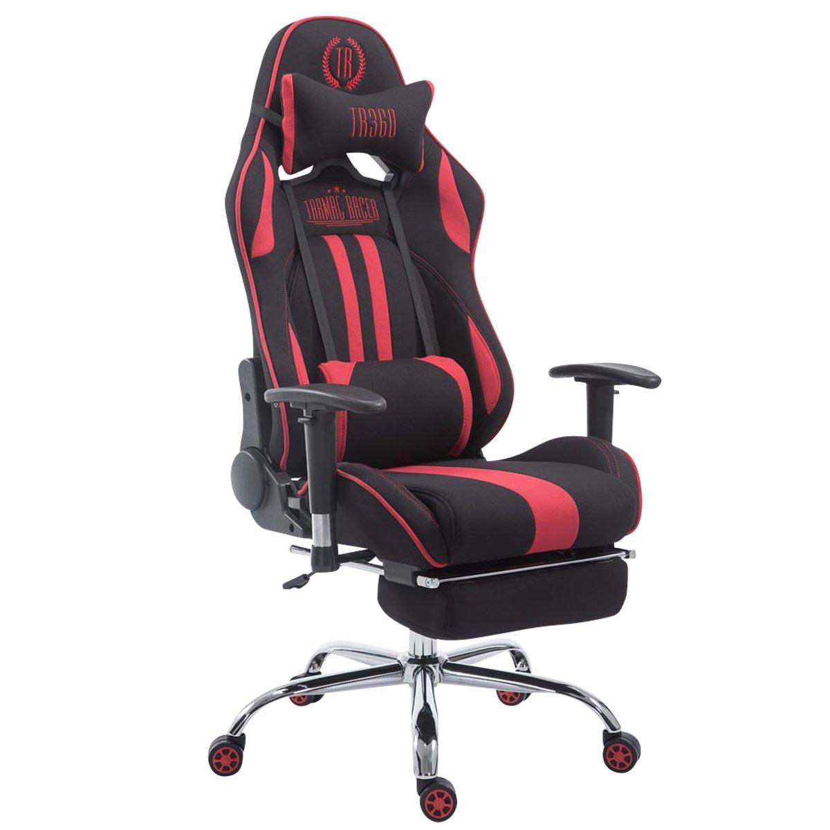 Cadeira Gaming LOGAN TECIDO com Apoio para os pés, Encosto Reclinável, Almofadas Incluidas, Base Metálical, Em Preto/Vermelho