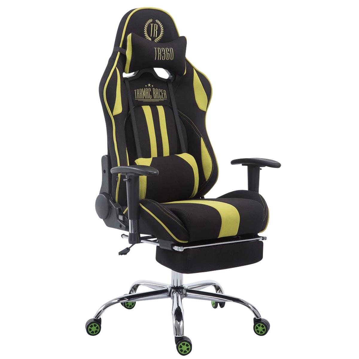 Cadeira Gaming LOGAN TECIDO com Apoio para os pés, Encosto Reclinável, Almofadas Incluidas, Base Metálical, Em Preto/Verde