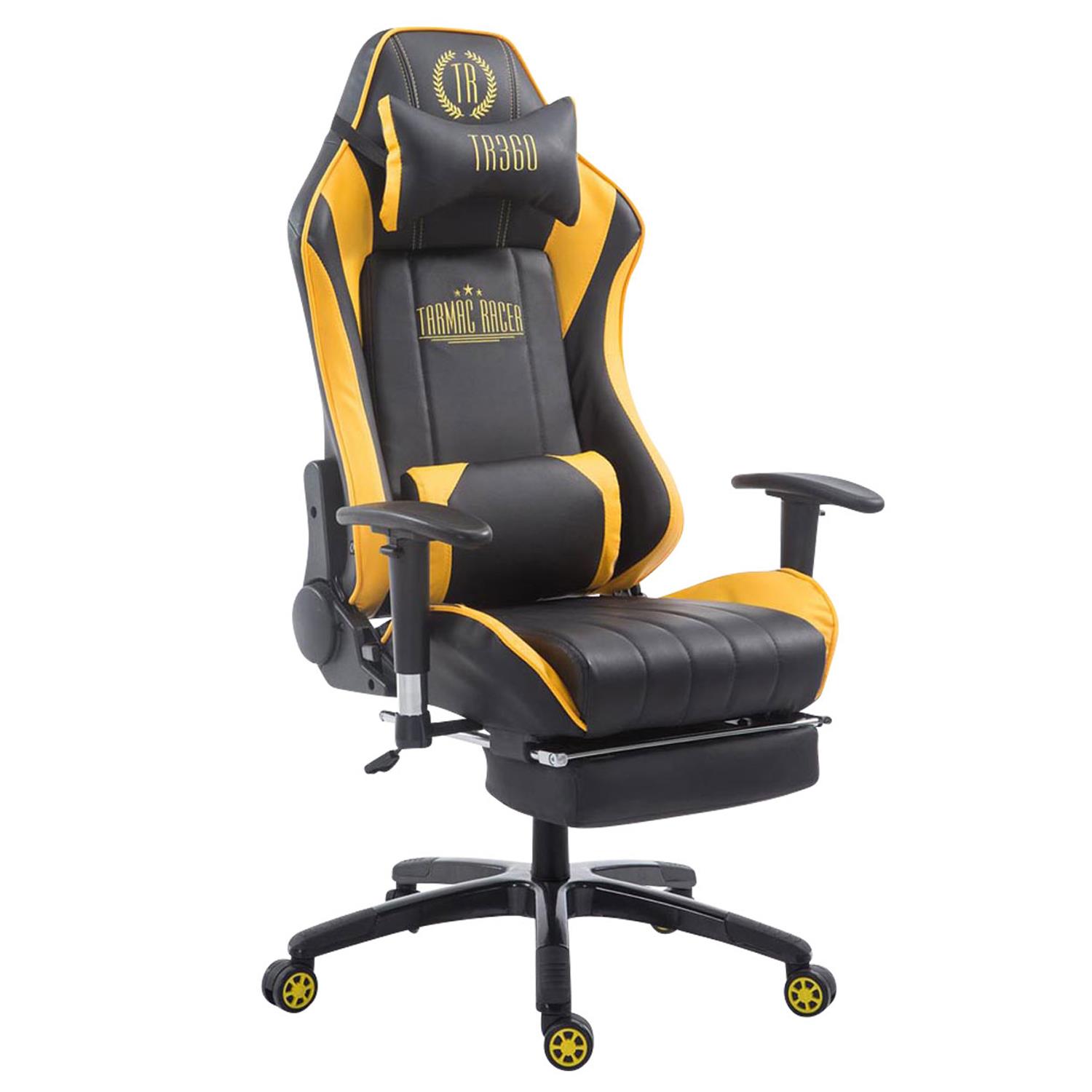 Cadeira Gaming TURBO com Apoio para os pés, Encosto Reclinável, Almofadas Lombar e Cervical, Em Pele Preto/Amarelo