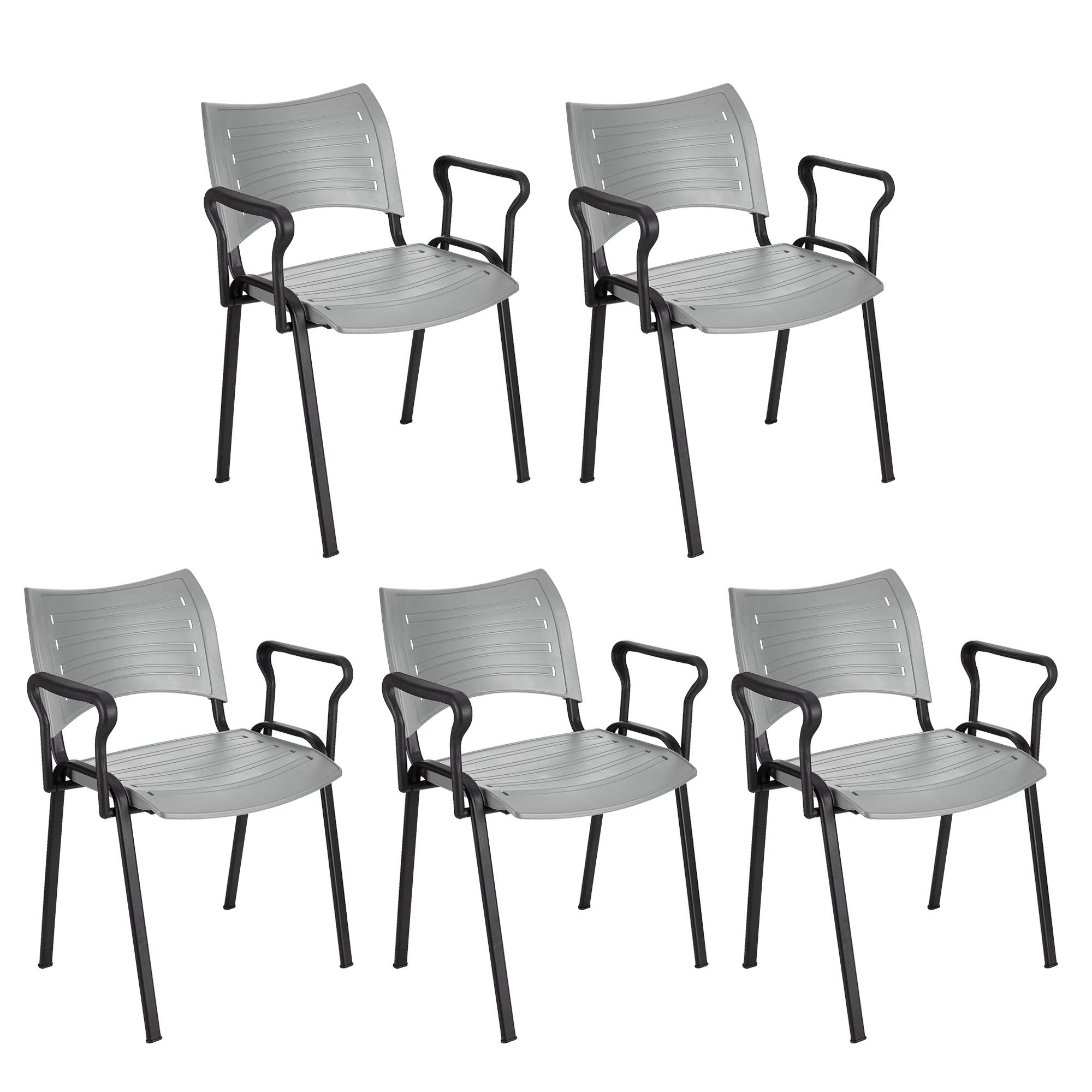 Lote 5 Cadeiras de Visita ELVA COM BRAÇOS, Confortável, Pernas Pretas, Cor Cinzento