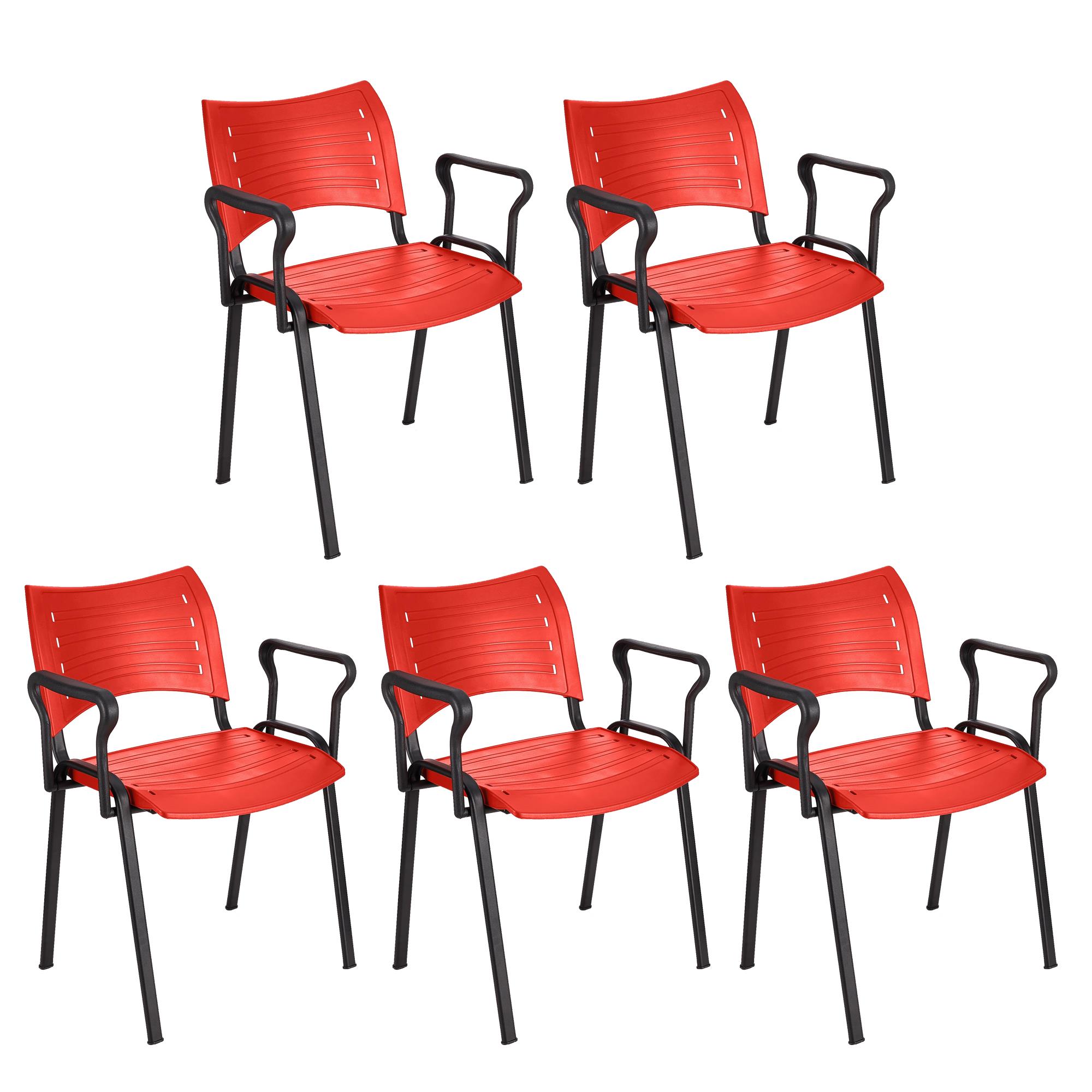 Lote 5 Cadeiras de Visita ELVA COM BRAÇOS, Confortável, Pernas Pretas, Cor Vermelho