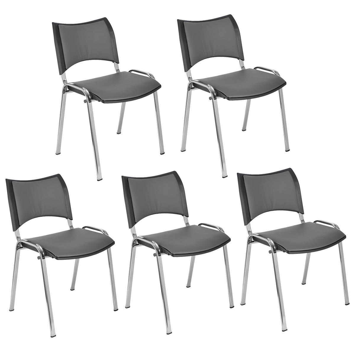 Lote 5 Cadeiras de Visita ROMEL PELE, Prática e Empilhável, Pernas Cromadas, Cinzento