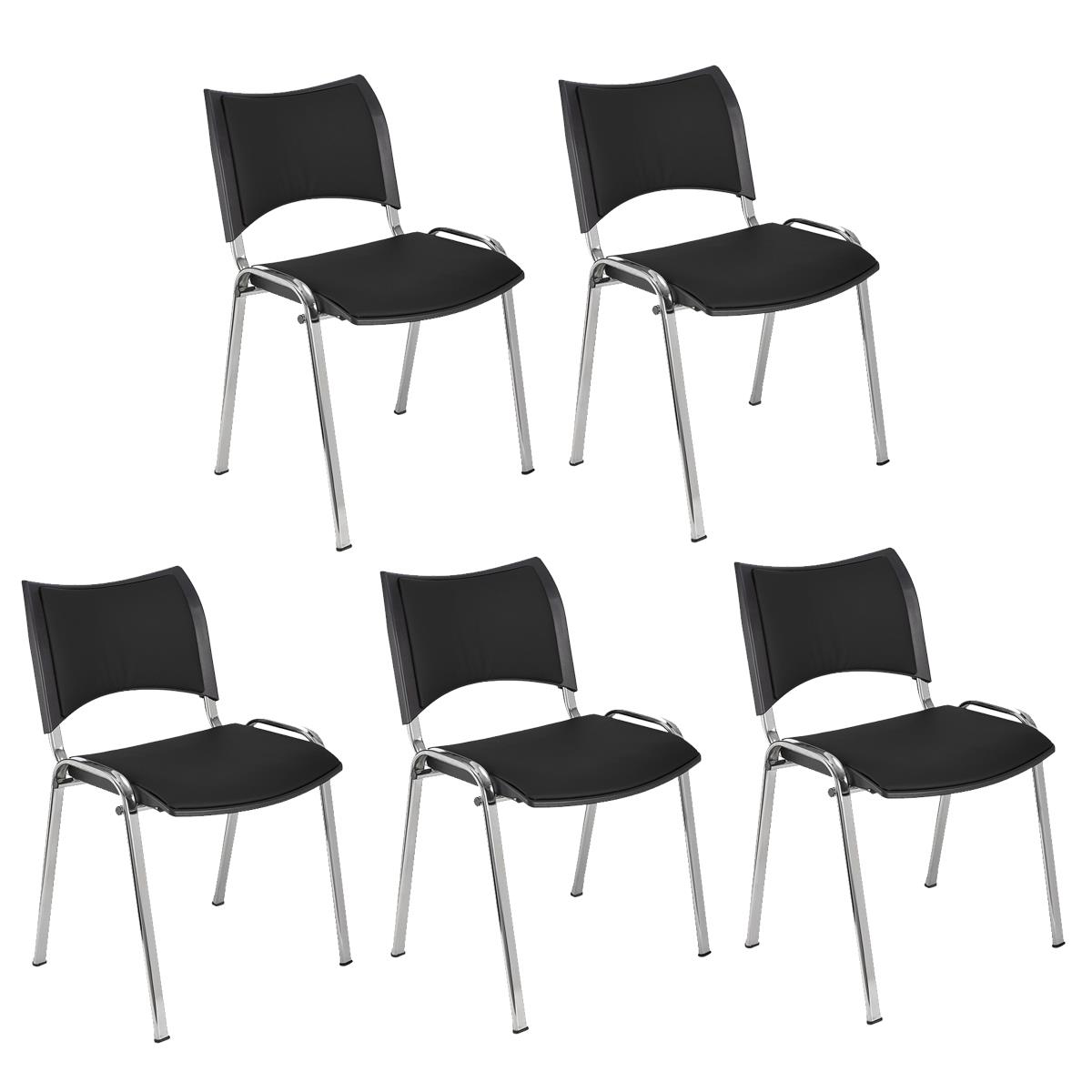 Lote 5 Cadeiras de Visita ROMEL PELE, Prática e Empilhável, Pernas Cromadas, Preto