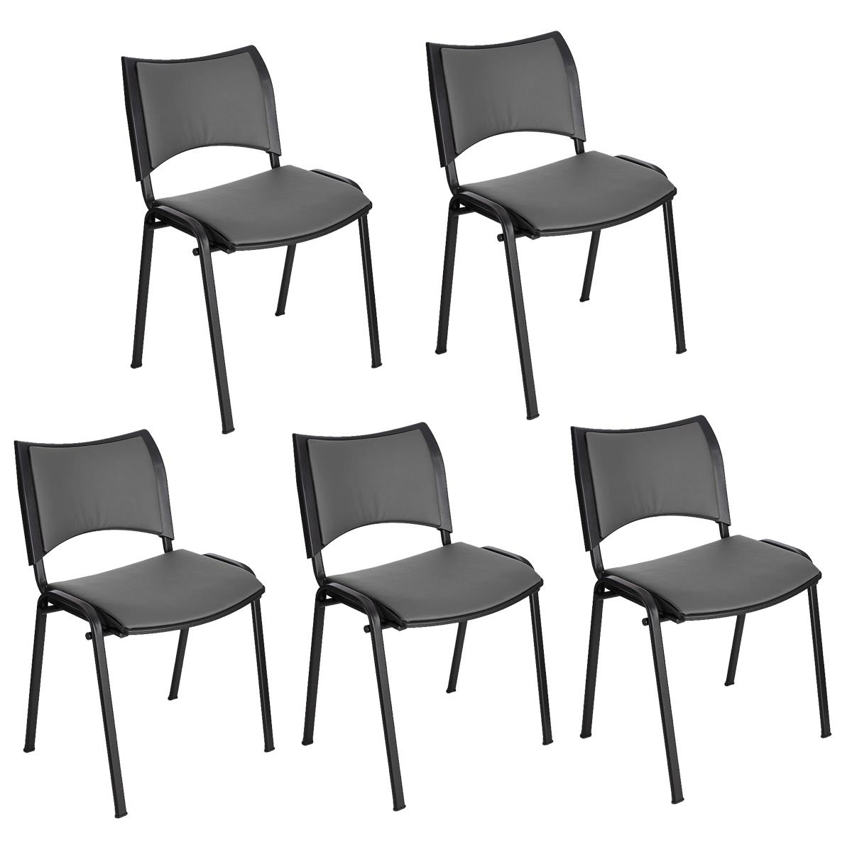 Lote 5 Cadeiras de Visita ROMEL PELE, Prática e Empilhável, Pernas Pretas, Cinzento