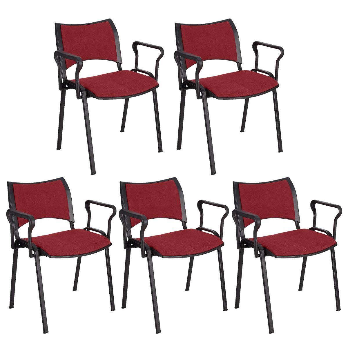 Lote 5 Cadeiras de Visita ROMEL COM BRAÇOS, Empilhável, Pernas Pretas, Em Pano, Bordeaux