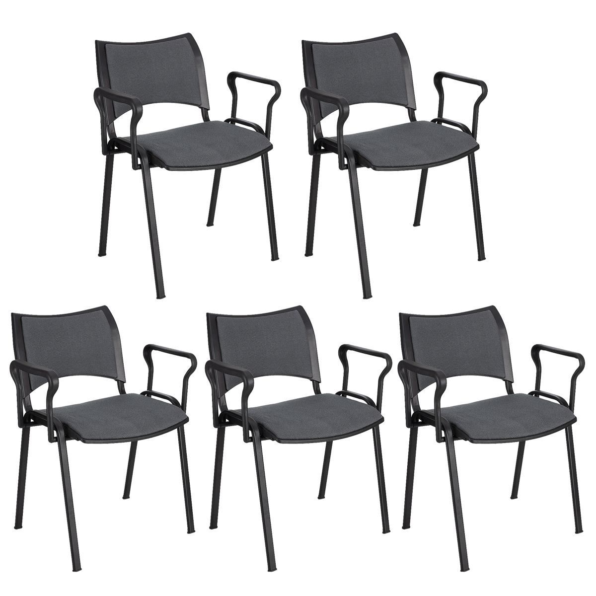 Lote 5 Cadeiras de Visita ROMEL COM BRAÇOS, Empilhável, Pernas Pretas, Em Pano, Cinzento