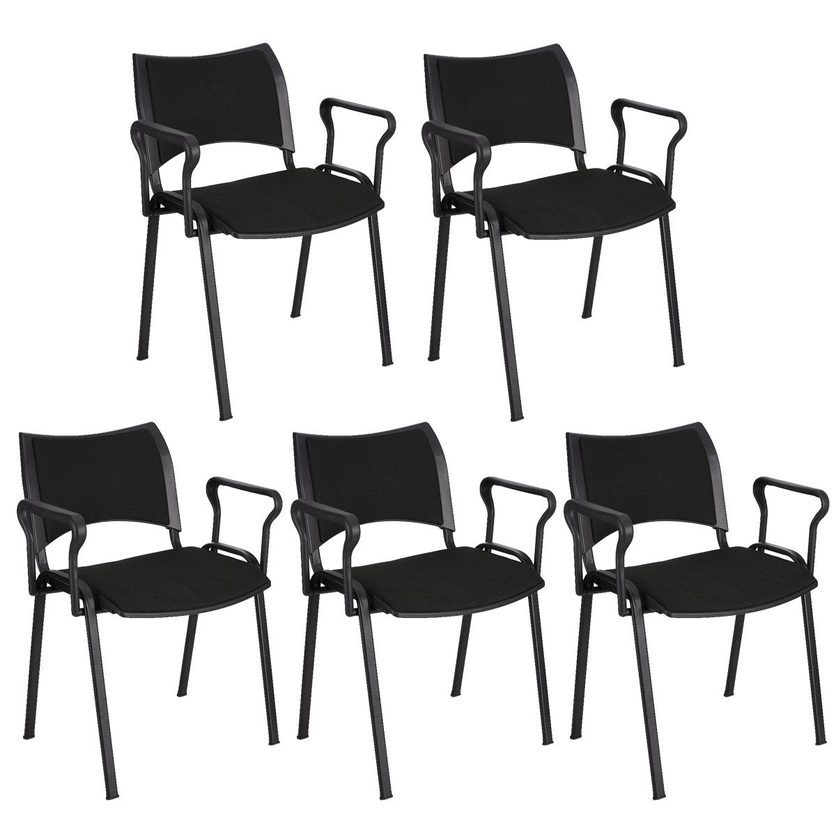 Lote 5 Cadeiras de Visita ROMEL COM BRAÇOS, Empilhável, Pernas Pretas, Em Pano, Preto