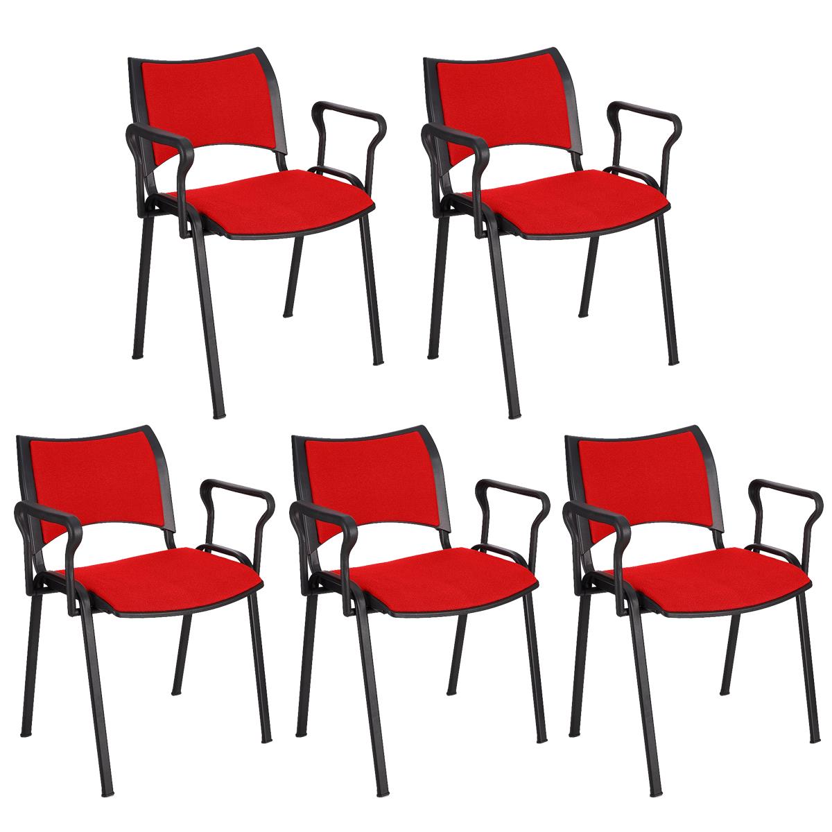 Lote 5 Cadeiras de Visita ROMEL COM BRAÇOS, Empilhável, Pernas Pretas, Em Pano, Vermelho