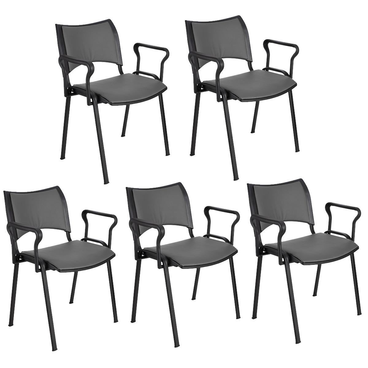 Lote 5 Cadeiras de Visita ROMEL PELE COM BRAÇOS, Empilhável, Pernas Pretas, Cinzento