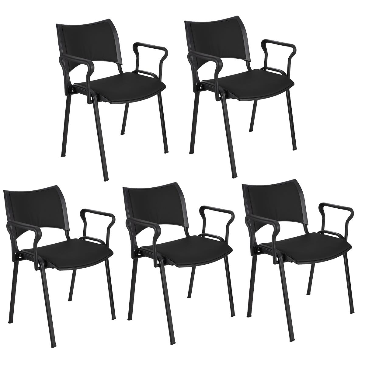 Lote 5 Cadeiras de Visita ROMEL PELE COM BRAÇOS, Empilhável, Pernas Pretas, Preto