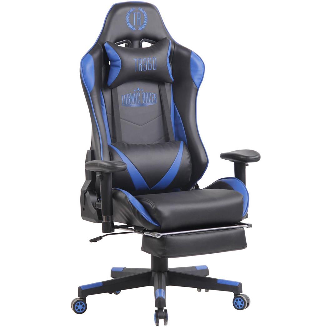 Cadeira Gaming RACING LUX, Apoia Pés Extensível, Massagem, Em Pele, Preto e Azul