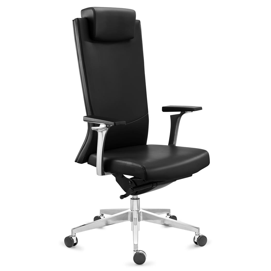 Poltrona Ergonómica TELMO, Apoia Cabeças Integrado, Base Metálica, Pele Verdadeira, Preto