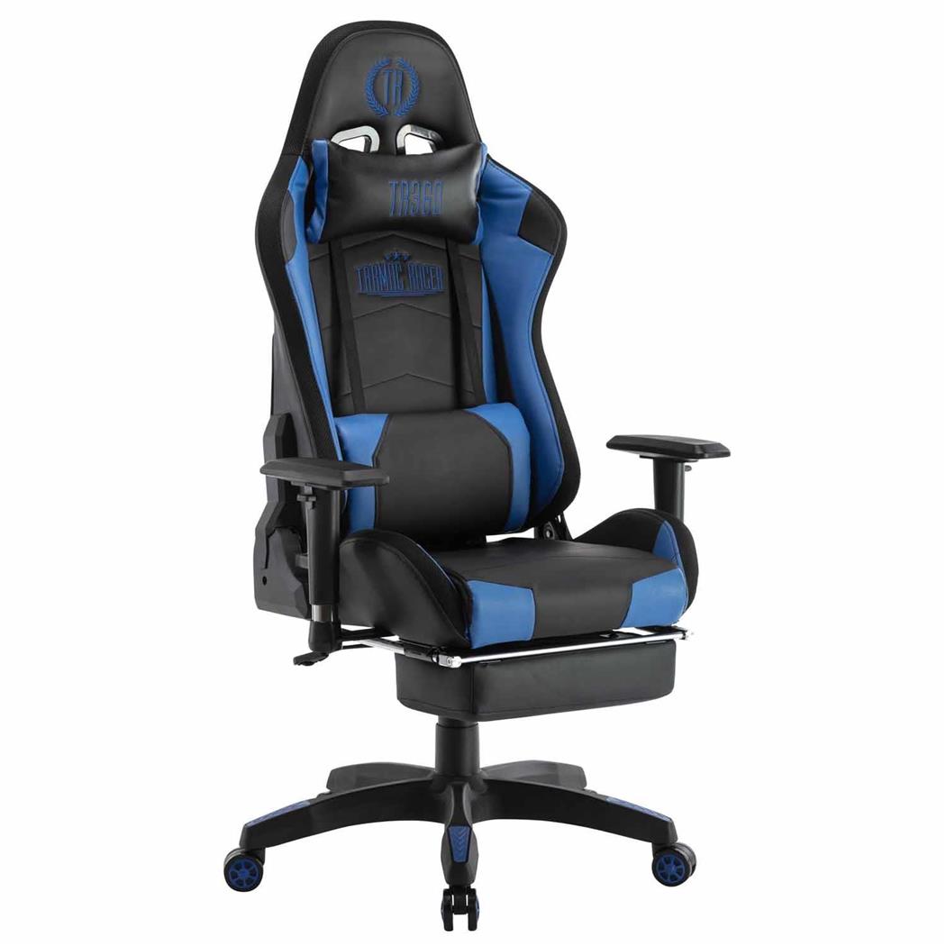 Cadeira Gaming TURBO LED, Apoia Pés, Reclinável, Almofada Lombar e Cervical, Em Pele, Preto/Azul