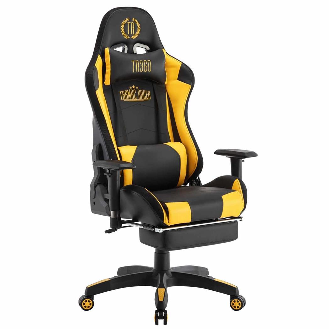 Cadeira Gaming TURBO LED, Apoia Pés, Reclinável, Almofada Lombar e Cervical, Em Pele, Preto/Amarelo