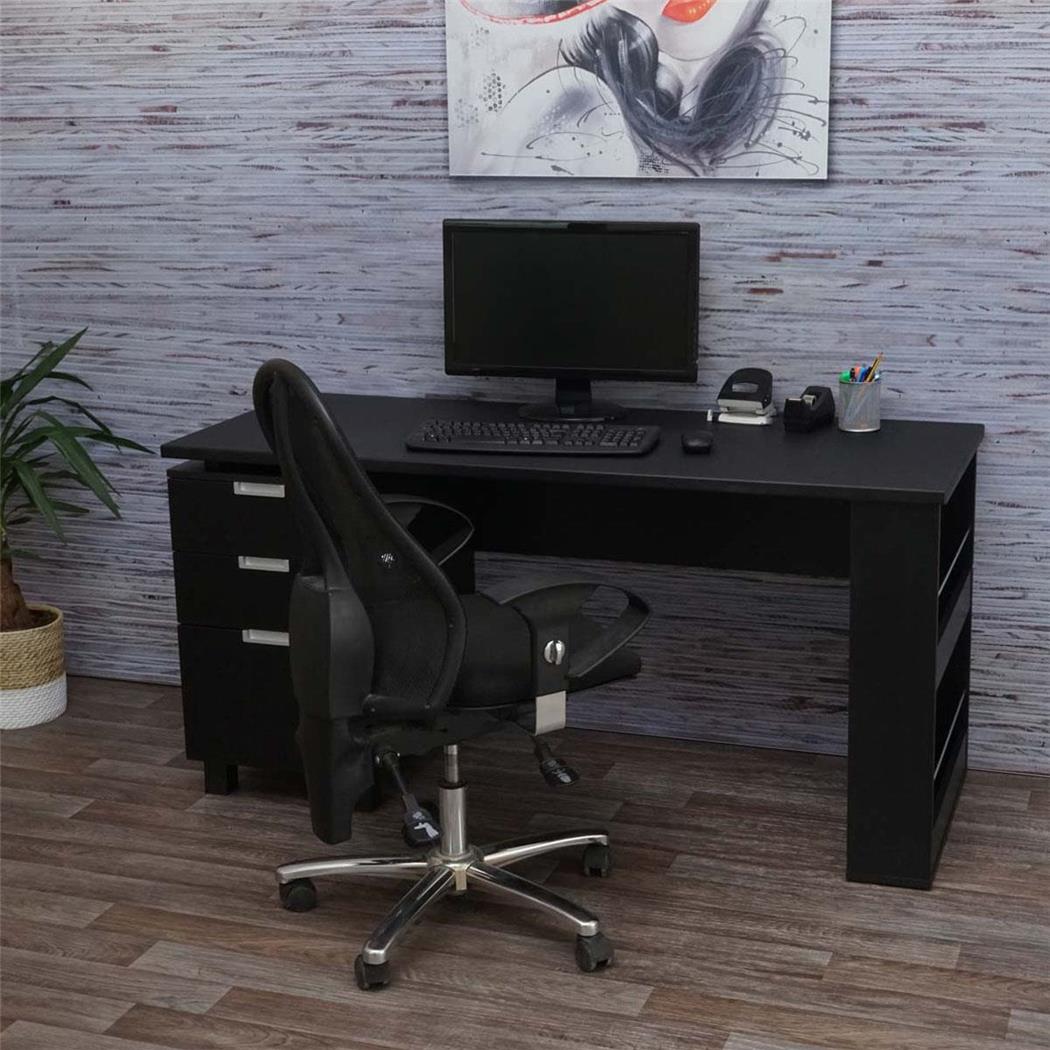 Mesa de Escritório MUNICH, Gavetas e Prateleiras, 150x60cm, Em Madeira, Cor Preto