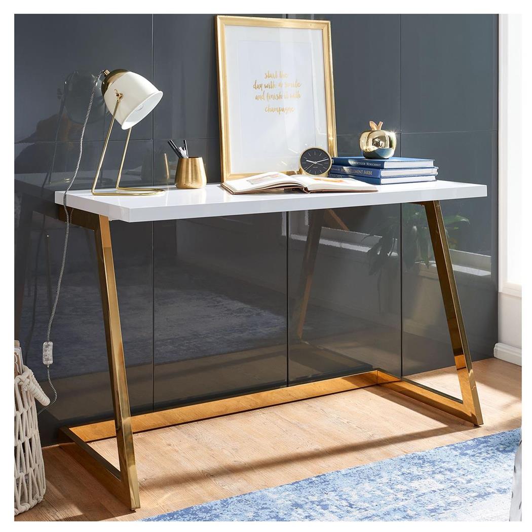 Mesa Escritório OSAKA, 120x55x76cm, Design Elegante, Estructura Dourada, Branco