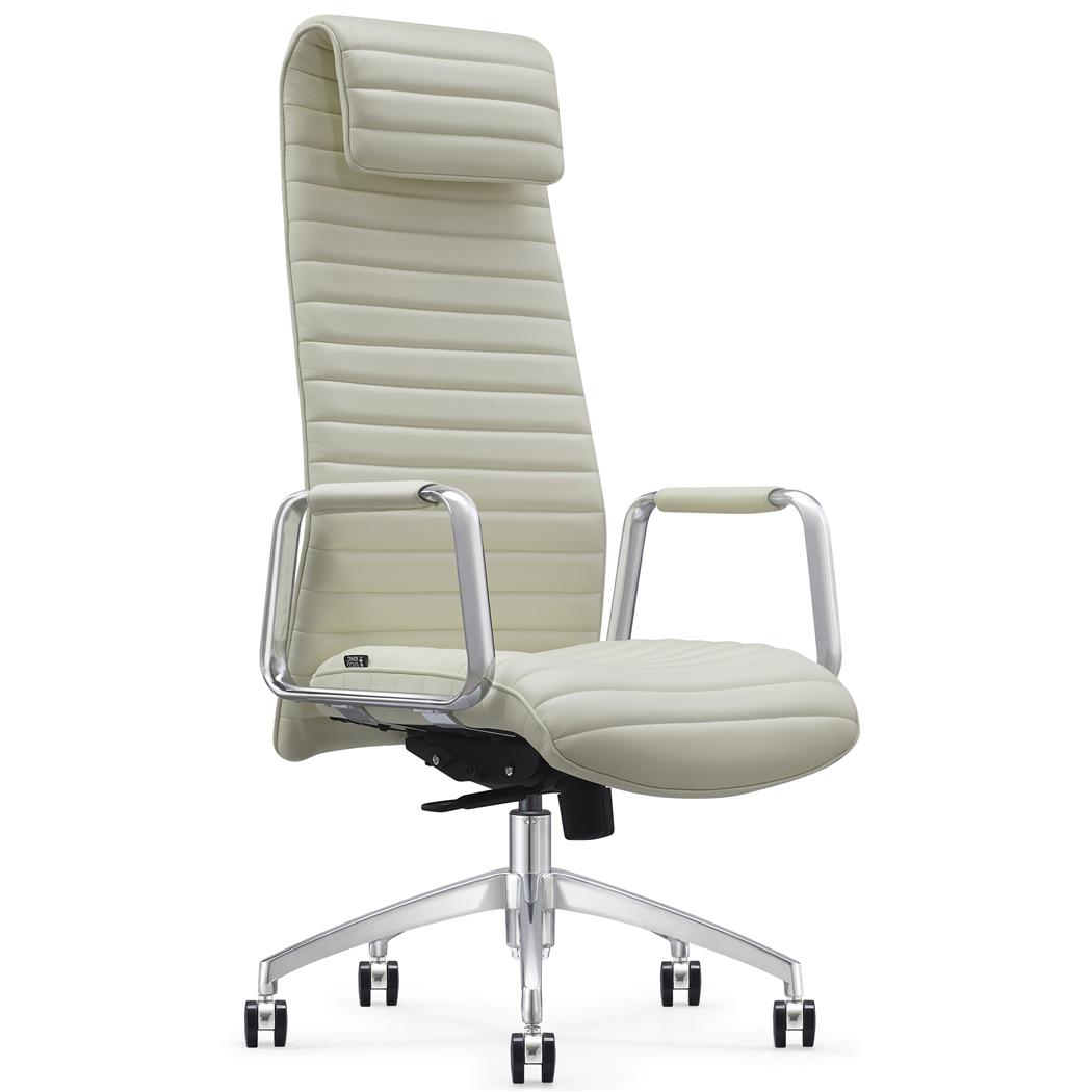 Poltrona de Escritório ASPERA, Encosto Alto com Apoio de Cabeça, Design Elegante, Couro Genuíno, Creme