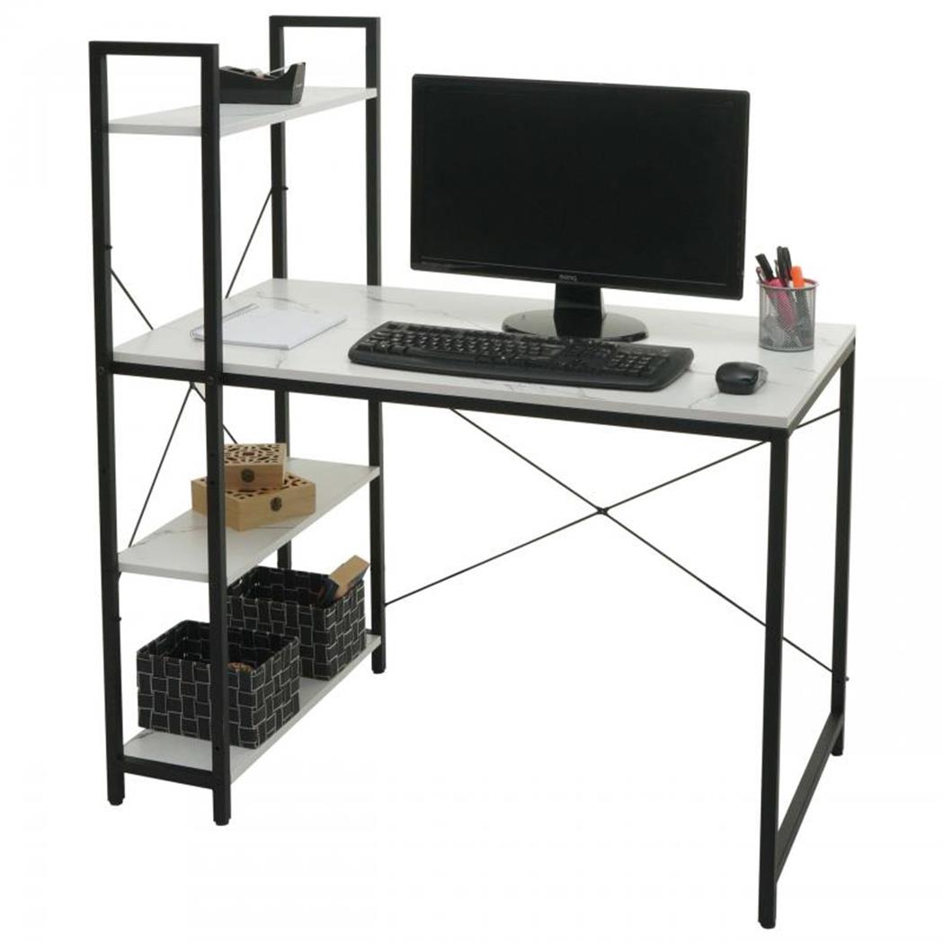Mesa de Escritório NORMAN 100x60x72 cm, Estante Incluída, em Madeira, Cor Branco Mármore