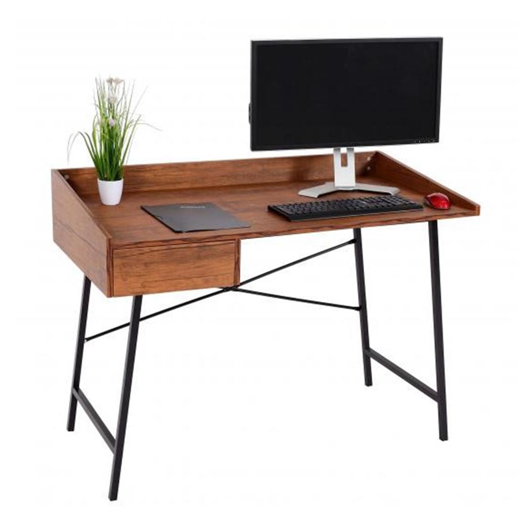 Mesa de Escritório PHOENIX 114x60x98 cm, com Gaveta, em Metal e Madeira, Cor Castanho Escuro