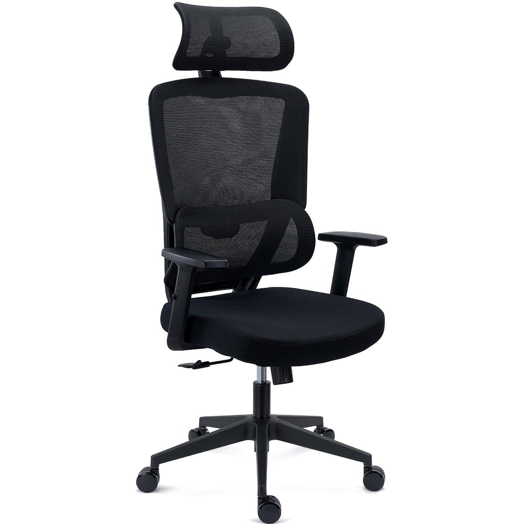 Cadeira Ergonómica SUPRA, Apoia Cabeças, Suporte Lombar, Uso 8h, em Tecido e Malha Respirável, em Preto