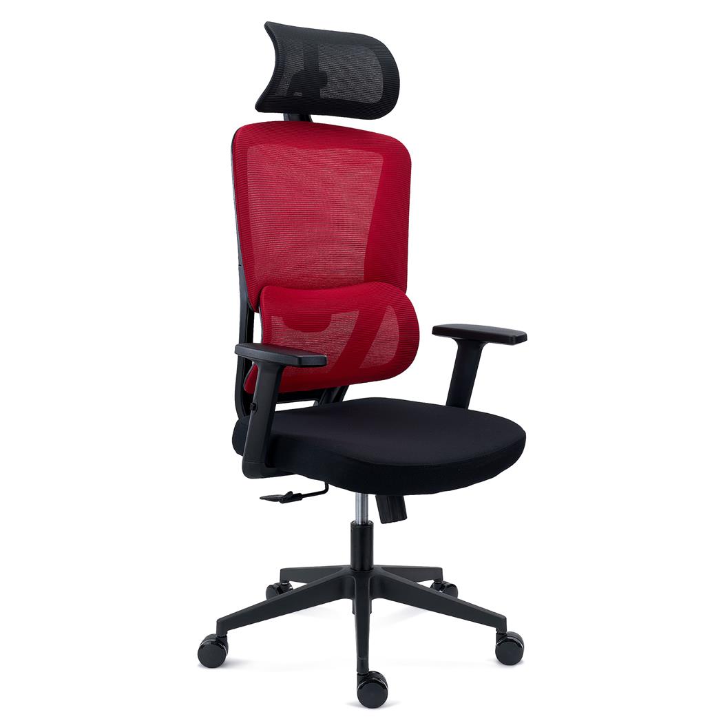 Cadeira Ergonómica SUPRA, Apoia Cabeças, Suporte Lombar, Uso 8h, em Tecido e Malha Respirável, em Vermelho