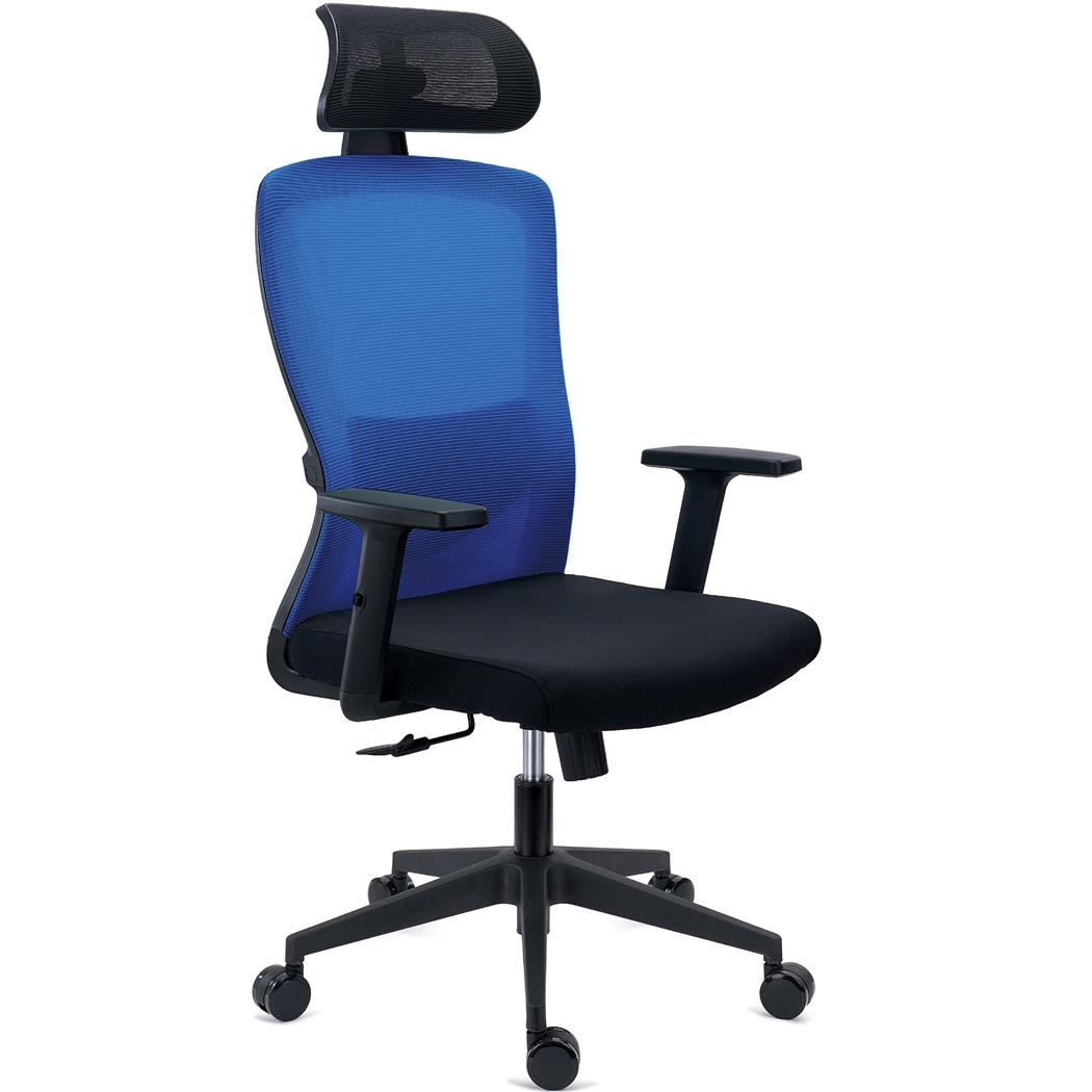 Cadeira de Escritório NOTE PRO, Apoia Cabeças, Suporte Lombar Ajustável, Uso 8h, em Tecido e Malha Respirável, em Azul