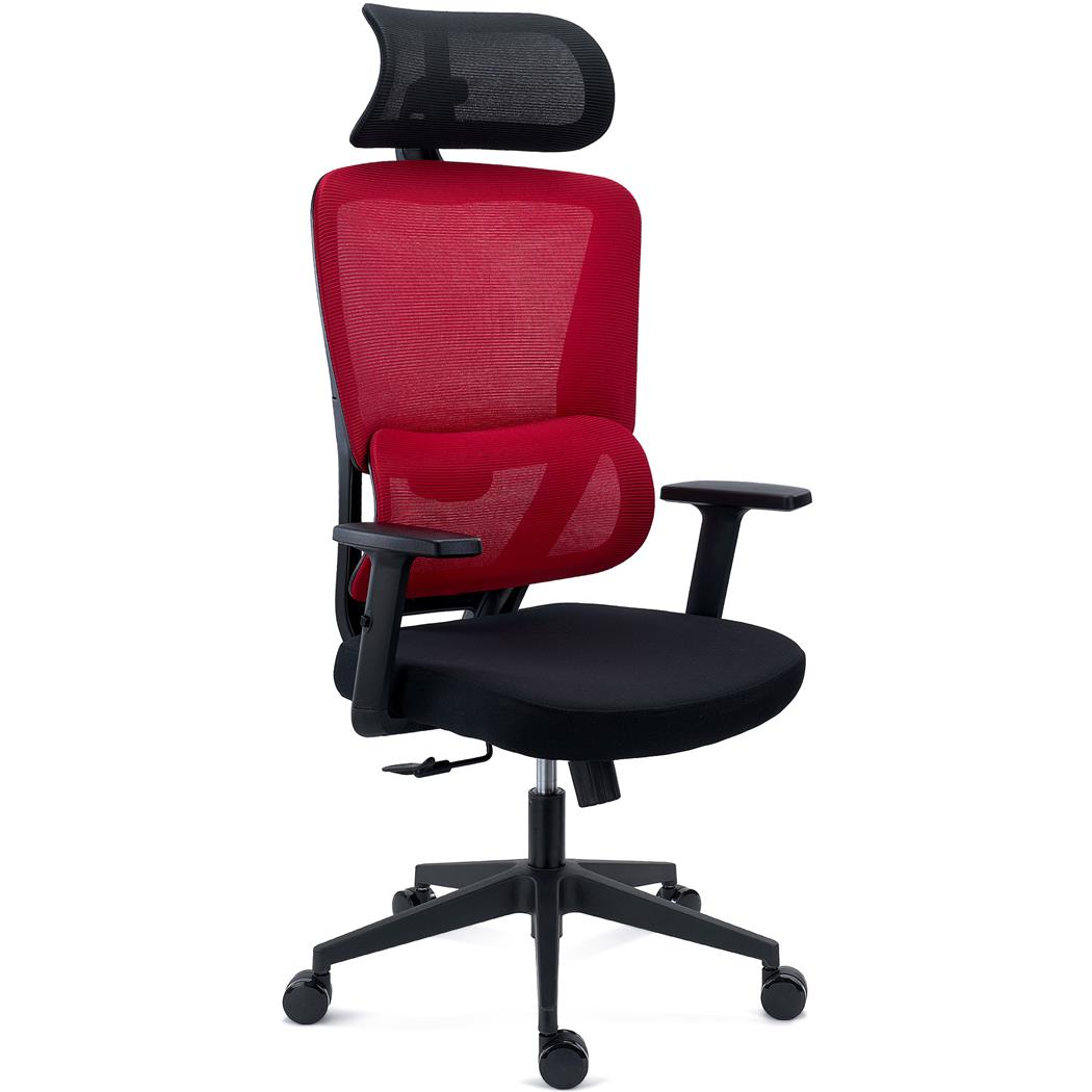 DEMO# Cadeira Ergonómica SUPRA, Apoia Cabeças, Suporte Lombar, Uso 8h, em Tecido e Malha Respirável, em Vermelho