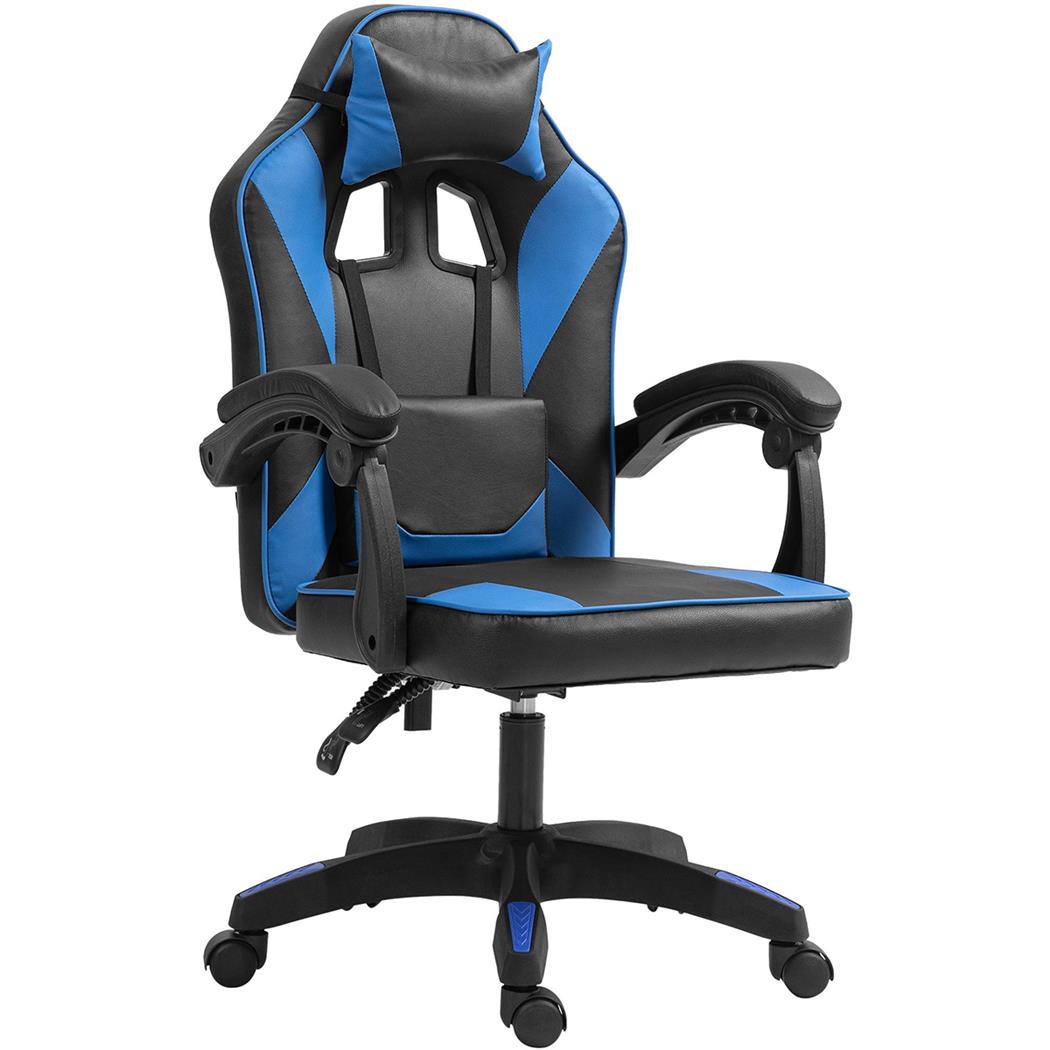 Cadeira Gaming TESCO, Design Desportivo, Almofada Lombar e Cervical, em Pele, cor Azul e Preto
