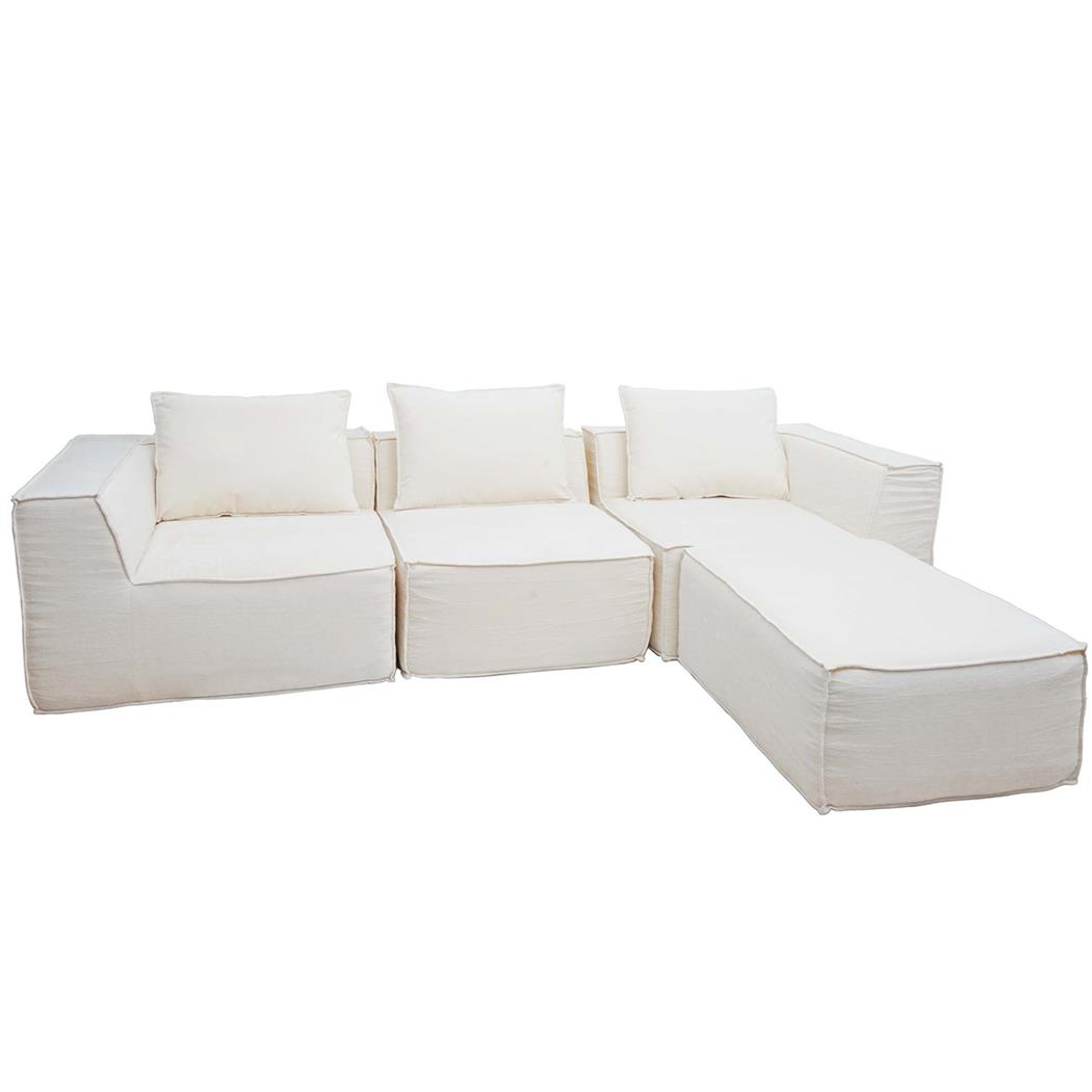 Sofá Modular 3 lugares NANUK, Grosso Acolchoado, com Chaise Longue em Pano de cor Creme
