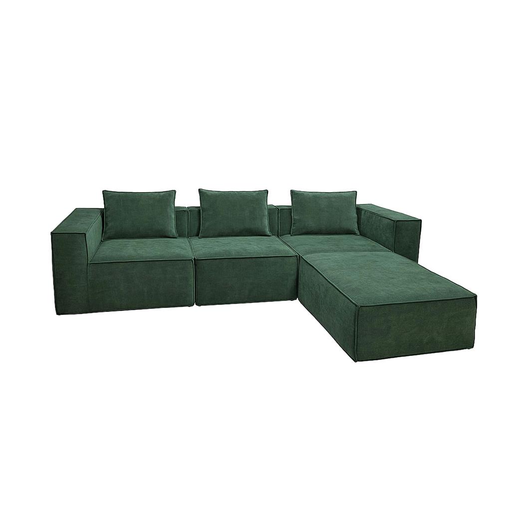 Sofá Modular 3 lugares NANUK, Grosso Acolchoado, com Chaise Longue em Pano de cor Verde