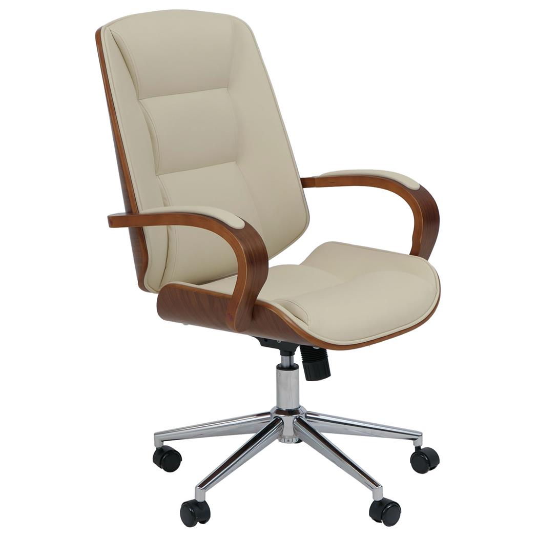 Cadeira de Escritório CLARIN, Acolchoado Denso, Design Elegante em Madeira de Nogueira e Pele, Cor Creme