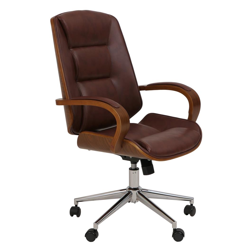 Cadeira de Escritório CLARIN, Acolchoado Denso, Design Elegante em Madeira de Nogueira e Pele, Cor Castanho Avermelhado