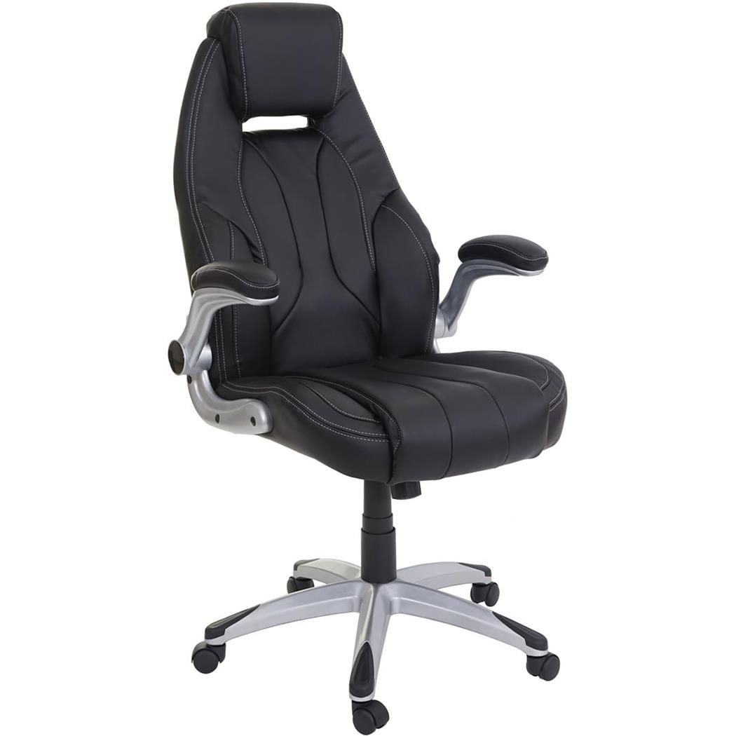 Cadeira de Escritório BOBI, Acolchoado Grosso, Apoio de Braços Rebatíveis, em Pele de cor Preto