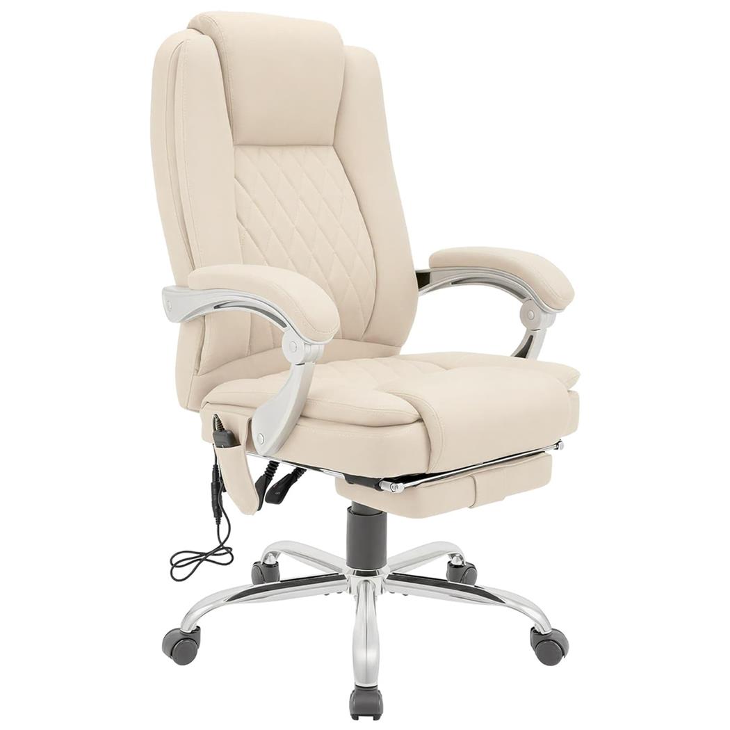 Poltrona de Escritório CABUYA, Apoio de Pés Extensivel, Função de Massagem, Pele cor Creme