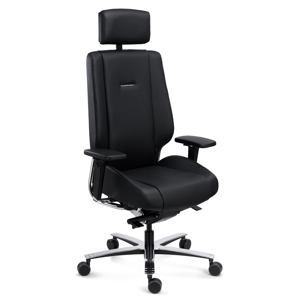 Cadeira Ergonómica KRATOS, Uso 24 horas, Máximo Conforto e Durabilidade, Totalmente Certificada, em Pele Natural, Cor Preto