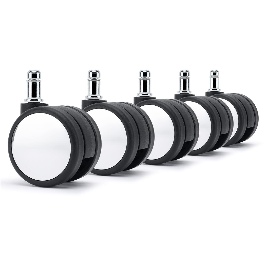 Conjunto de 5 Rodas H2 para Cadeiras de Escritório, 11x50 mm, para Superfícies Delicadas, Cor Preto e Cromado