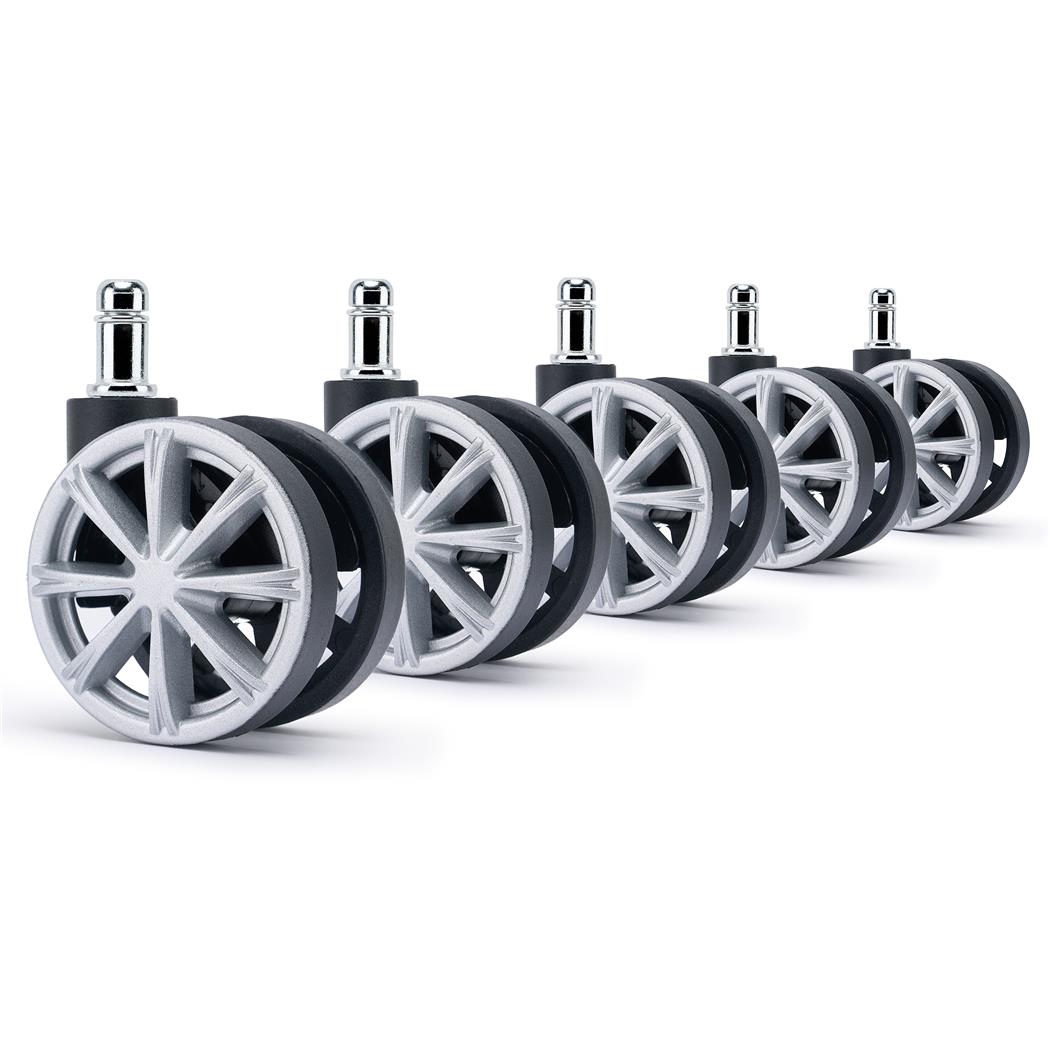 Conjunto de 5 Rodas H4 para Cadeiras de Escritório, 11x50 mm, Design em Raios, Cor Preto e Cinzento
