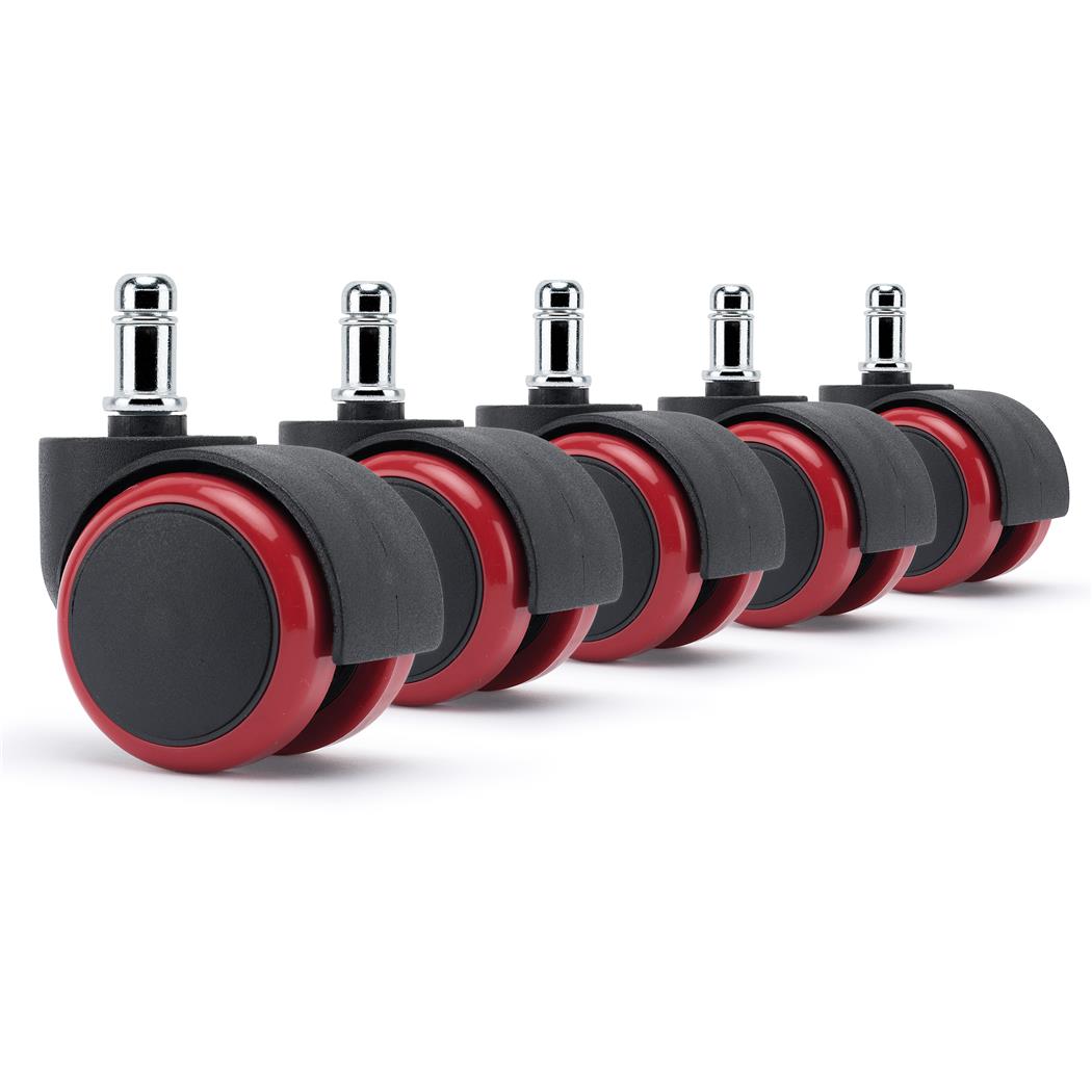 Conjunto de 5 Rodas H5 para Cadeiras de Escritório, 11x50 mm, Estrutura de Duplo Rodízio, Cor Preto e Vermelho