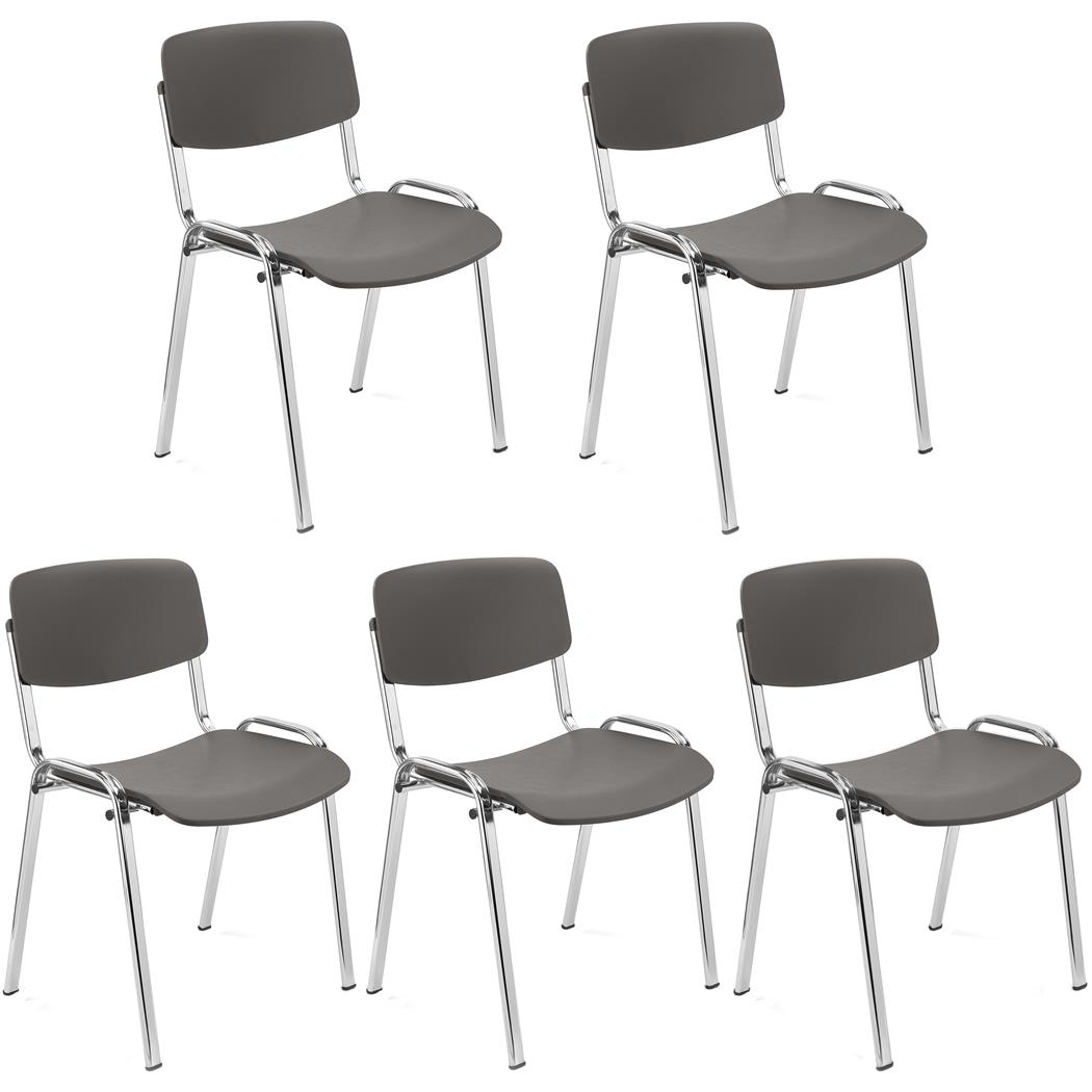 Lote de 5 Cadeiras de Visita MILKA, Elegante e Versátil, Empilhável, Pernas Cromadas, Cor Cinzento