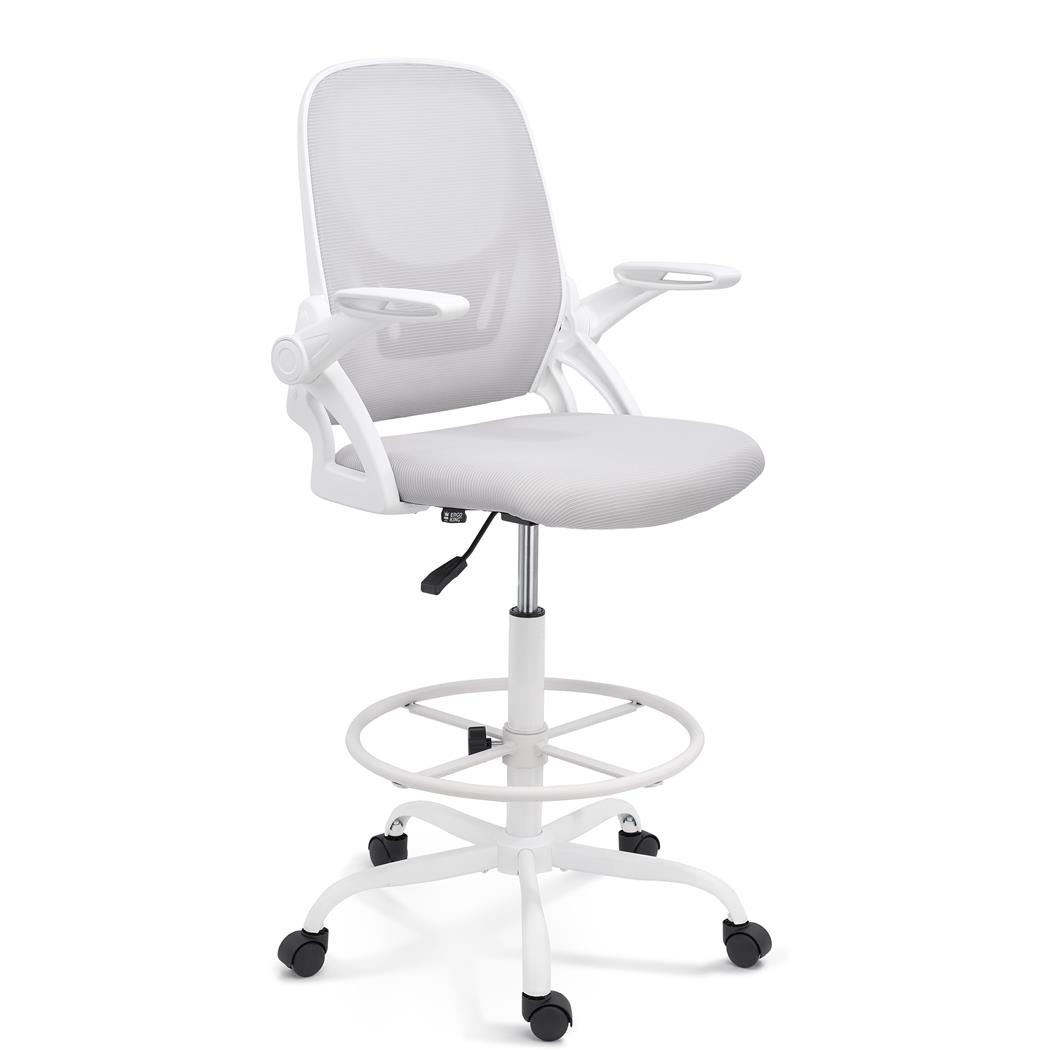 Banco de Escritório GEAR, Apoios de Braços Rebatíveis, Apoio para os Pés Ajustável, Suporte Lombar, Cor Branco e Cinzento