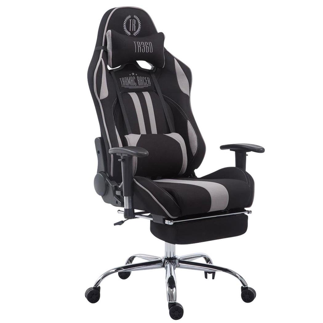 Cadeira Gaming LOGAN TECIDO com Apoio para os pés, Encosto Reclinável, Almofadas Incluidas, Base Metálical, Em Preto/Cinza