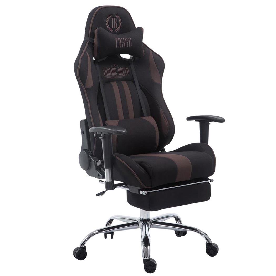 Cadeira Gaming LOGAN TECIDO com Apoio para os pés, Encosto Reclinável, Almofadas Incluidas, Base Metálical, Em Preto/Castanho