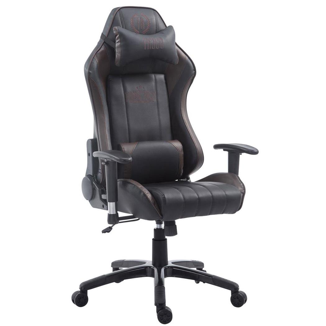 Cadeira gaming TURBO, Com Encosto reclinável, Almofadas Lombar e Cervical, Em Pele Preto/Castanho