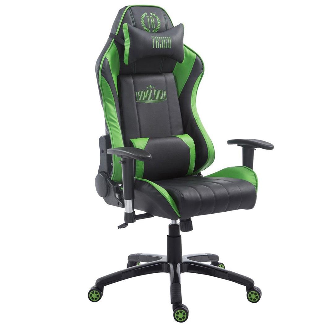 Cadeira gaming TURBO, Com Encosto reclinável, Almofadas Lombar e Cervical, Em Pele Preto/Verde