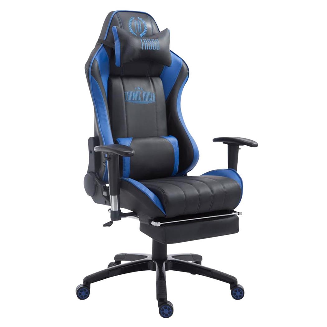 Cadeira Gaming TURBO com Apoio para os pés, Encosto Reclinável, Almofadas Lombar e Cervical, Em Pele Preto/Azul