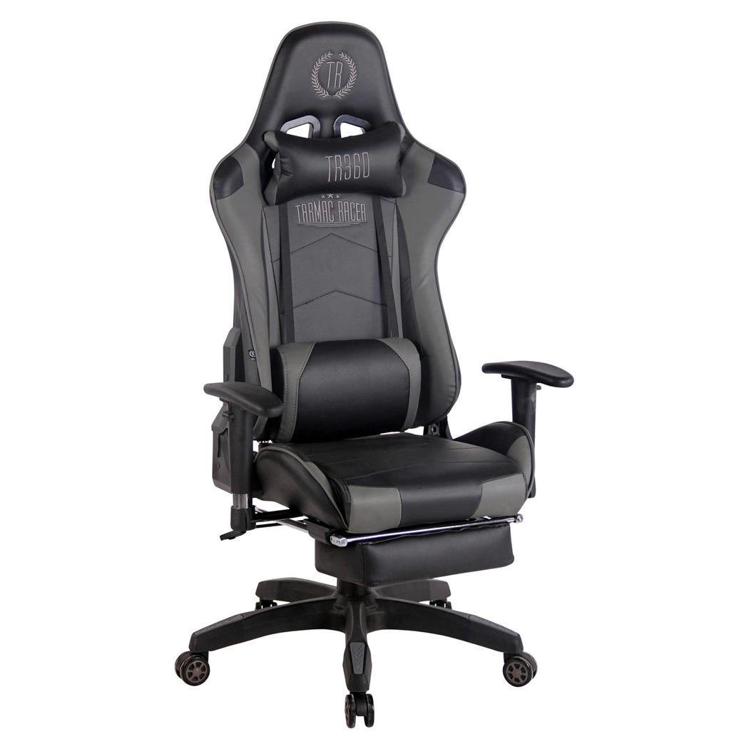 Cadeira Gaming TURBO com Apoio para os pés, Encosto Reclinável, Almofadas Lombar e Cervical, Em Pele Preto/Cinza