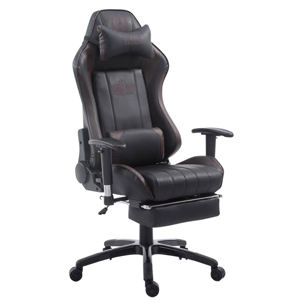 Cadeira Gaming TURBO com Apoio para os pés, Encosto Reclinável, Almofadas Lombar e Cervical, Em Pele Preto/Castanho